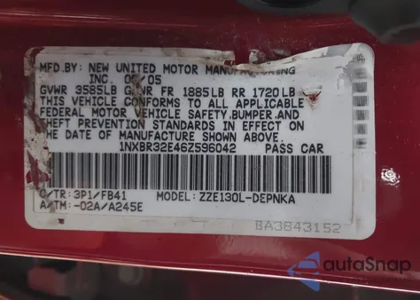 2006 Toyota Corolla Le from USA, damaged, VIN 1NXBR32E46Z596042